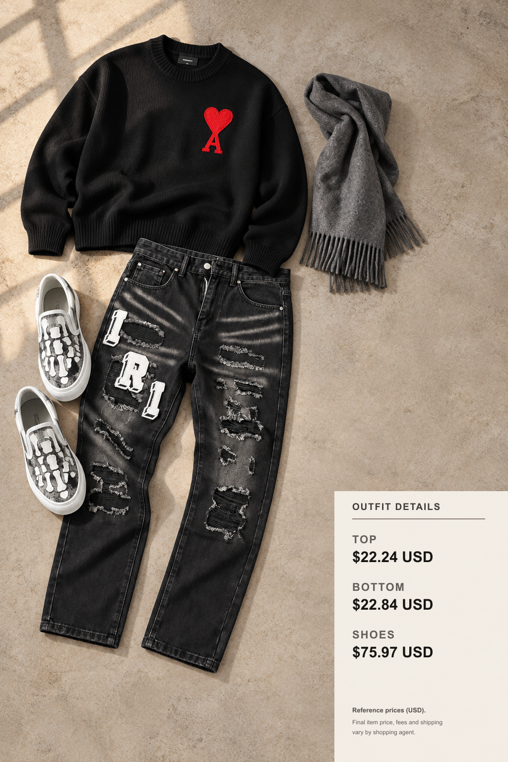 ami paris Knitwear for Airport Layering outfit 2 editorial flat lay for fashionreps
